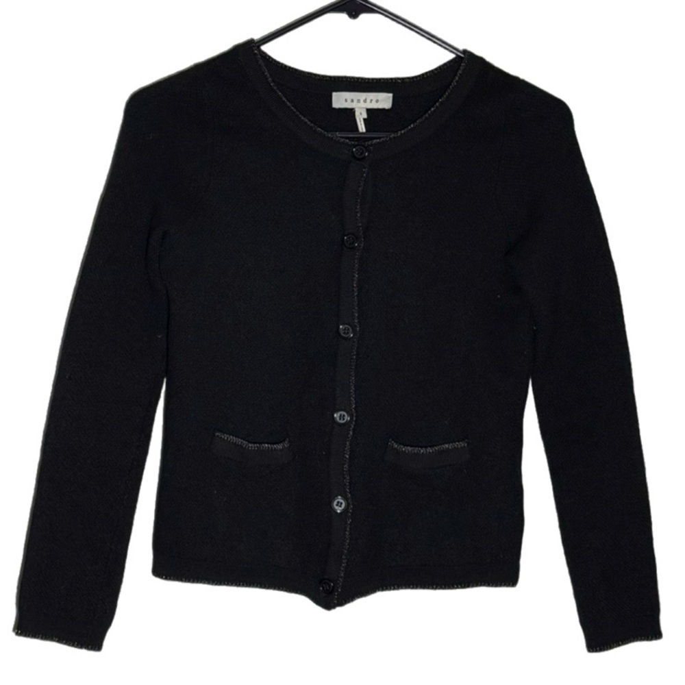 Sandro Wool Button Front Cardigan with Metallic Yarn Trim, Black size 1